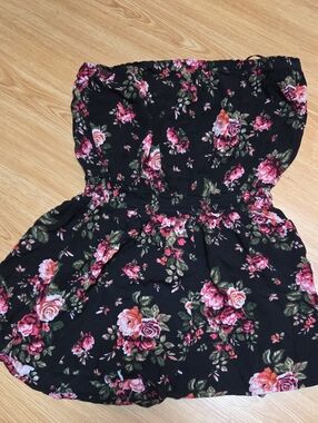 Ambiance Black Strapless Floral Romper with Pink & Green Roses